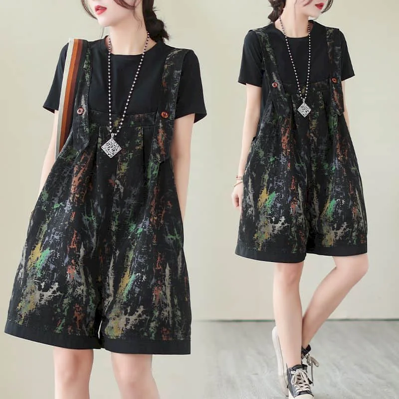 Kombinezony jeansowe Koreański styl Jednoczęściowy strój Casual Graffiti Szorty z szerokimi nogawkami Letnia odzież dla kobiet Przycięte dżinsy z wysoką talią