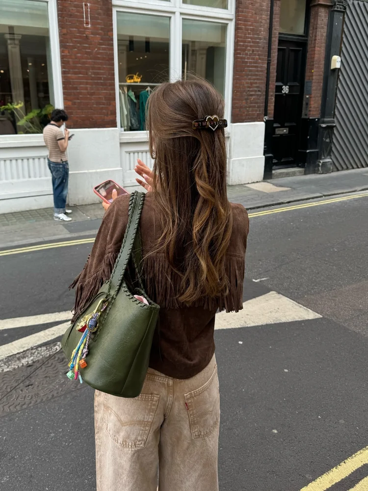 Chaqueta con borlas para mujer, abrigo informal de manga larga con botonadura única y bolsillos abatibles, ropa de calle elegante para otoño