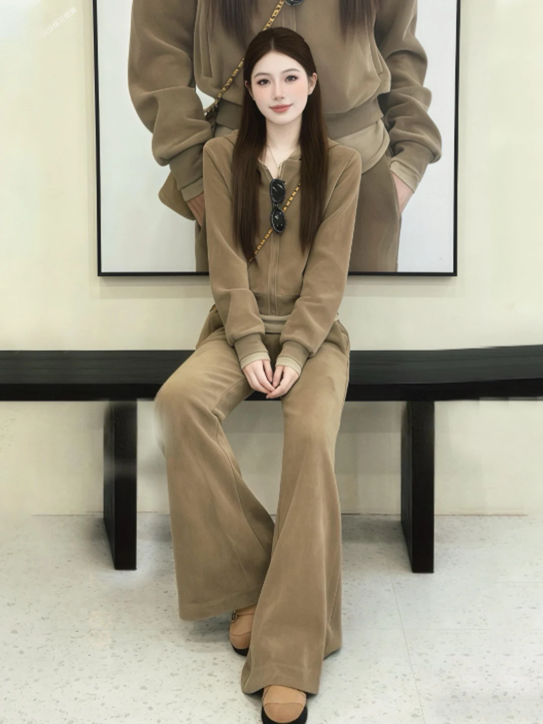 

Ретро модные брюки с капюшоном и высокой талией, широкие брюки, комплект из двух предметов, Clete Ootd, зимнее удобное украшение на молнии