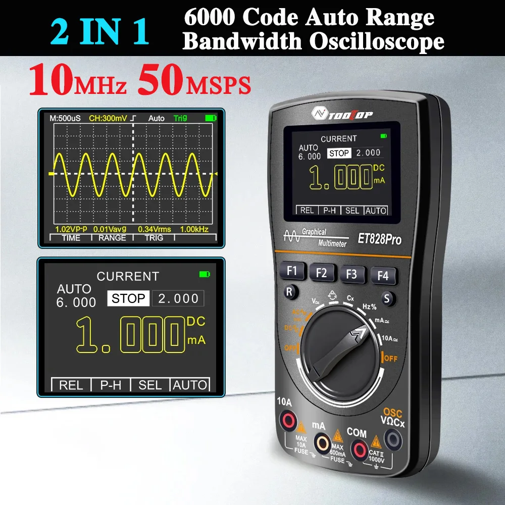 TOOLTOP ET828Pro 50Msp/s 10MHz Handheld Digital Oscilloscope True RMS for DIY Electrical Car Overhaul Oscilloscope Multimeter