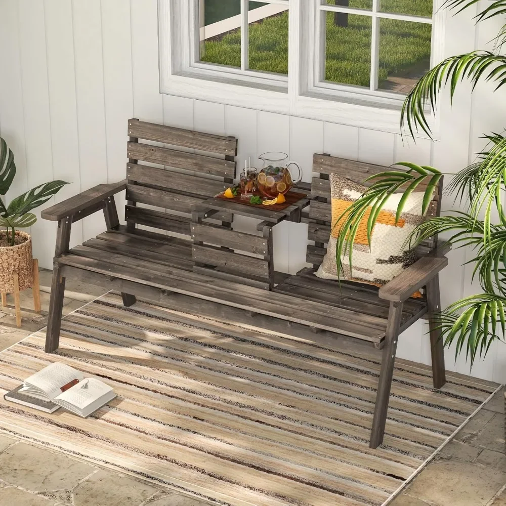 Outdoor Fir Wood Bench with Foldable Middle Table, Garden Bench with Backrest and Armrests, Slatted Seat Bench for Porch