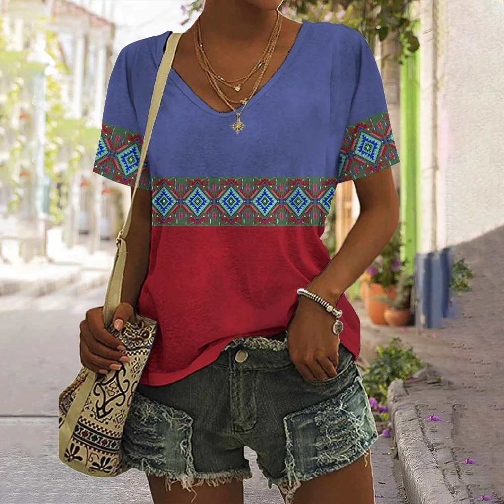 Tribal Ethnic Style 3D Print T-Shirts Women Fashion Vintage Streetwear Short Sleeve V-Neck T Shirt Girl Tees Tops Woman Clothing