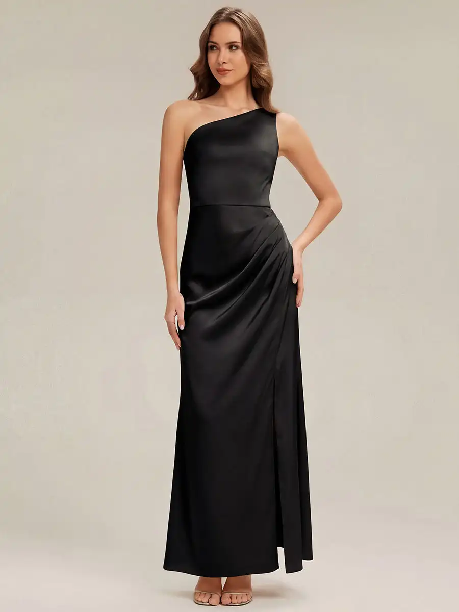 

BAZIIINGAAA Evening Dress Asymmetrical One-Shoulder Thigh-High Slit Sheath Non-Stretch Floor Length Bridesmaid Evening Dresses