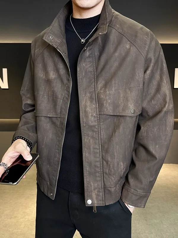 

Мужской кожаный воротник-стойка Sli, американский байкерский модный городской повседневный длинный све, застежка-молния, ветрозащитная искусственная кожа