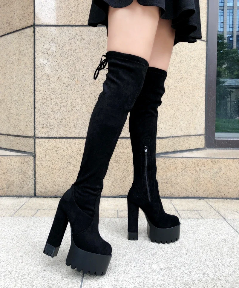 Over The Knee Long Boots Europe and America Sexy Thick with Elastic Stovepipe High Boots 15cm Super High Heel Suede Womens Boot