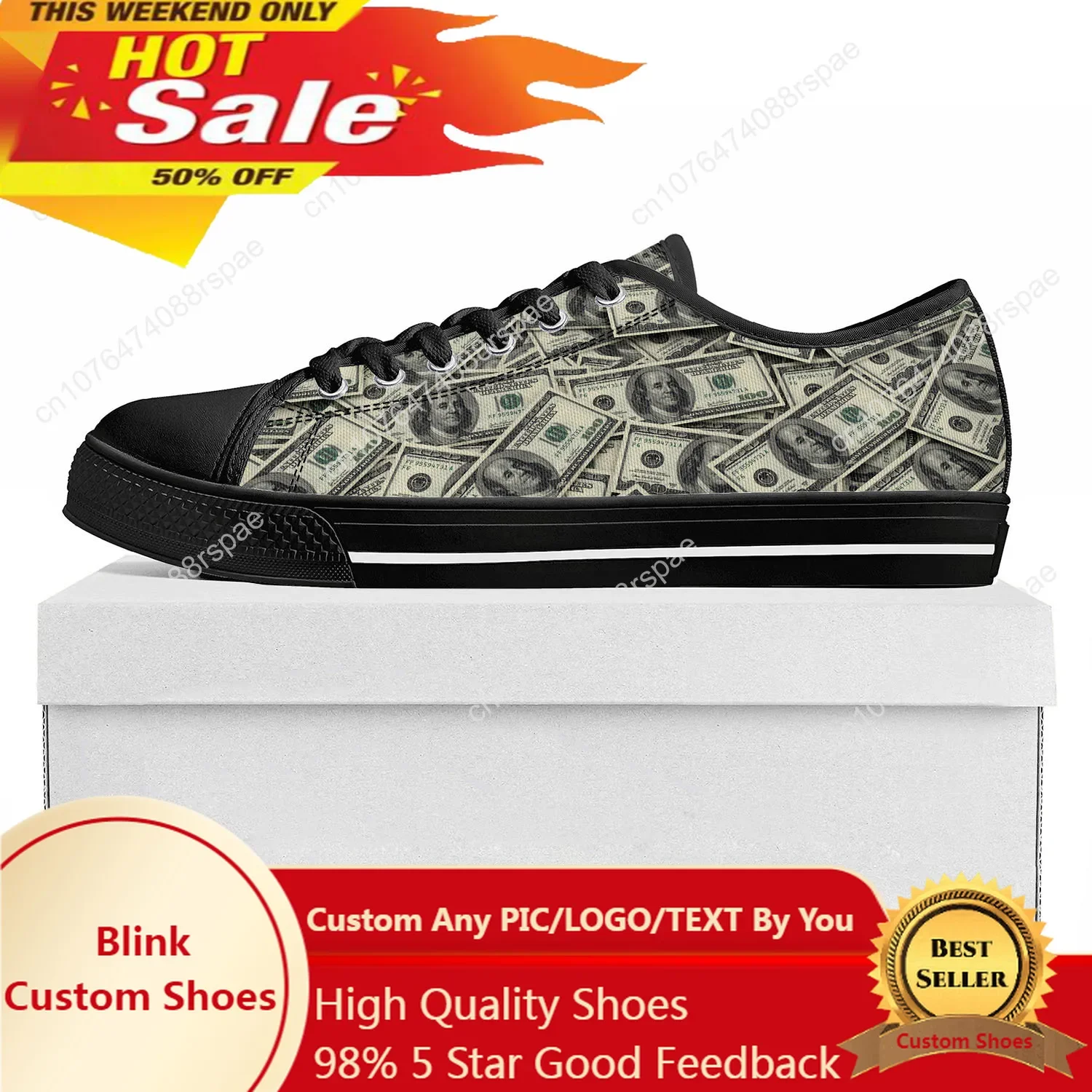 Dollar Bedrukt Lage Top Hoge Kwaliteit Sneakers Heren Dames Tiener Canvas Sneaker Prode Casual Paar Schoenen Custom Schoen Zwart