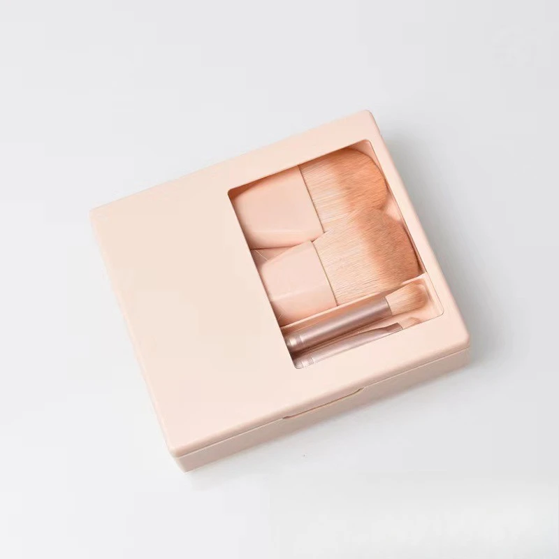5 in1 Makeup Brushes Mini Set with Hard Case and Built-in Mirror, On the Go Brush Travel Essentials (Light Pink)