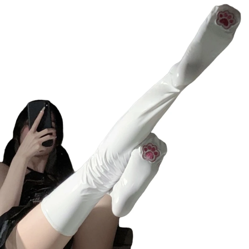 Bas de cuisse brodés de griffes de chat pour femmes, chaussettes longues au-dessus du genou, simili cuir, look mouillé, cosplay brillant, anime japonais, filles