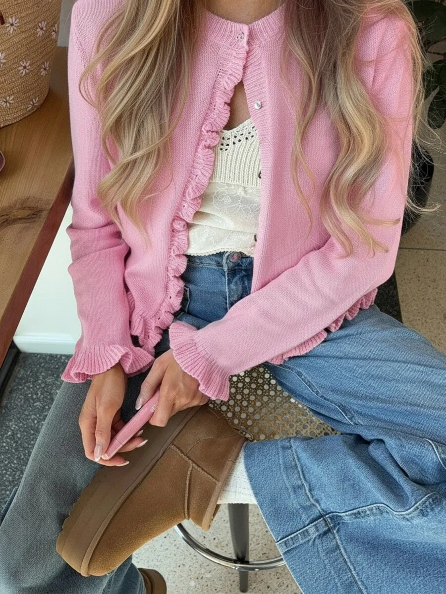 

Elegant Pink Ruffled Knit Cardigan For Women, Romantic French Style Thick Sweater Jacket