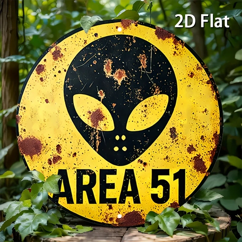 2D Flat 1 Stück Vintage Metallschild, Area 51 Alien Warning Aluminium Runde Poster mit ikonischem Alien-Symbol, Retro-Vintage-Look Wand A