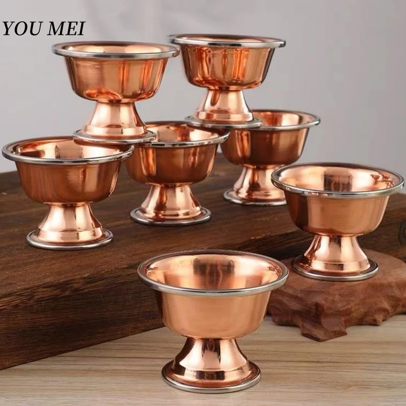 

7 Pcs Nepal Altars Bowl,Buddhism Red Copper Tribute Tall Feet Water 9 cm Bowl,Desktop Decoration Holy Luster Plate Buddhist Item
