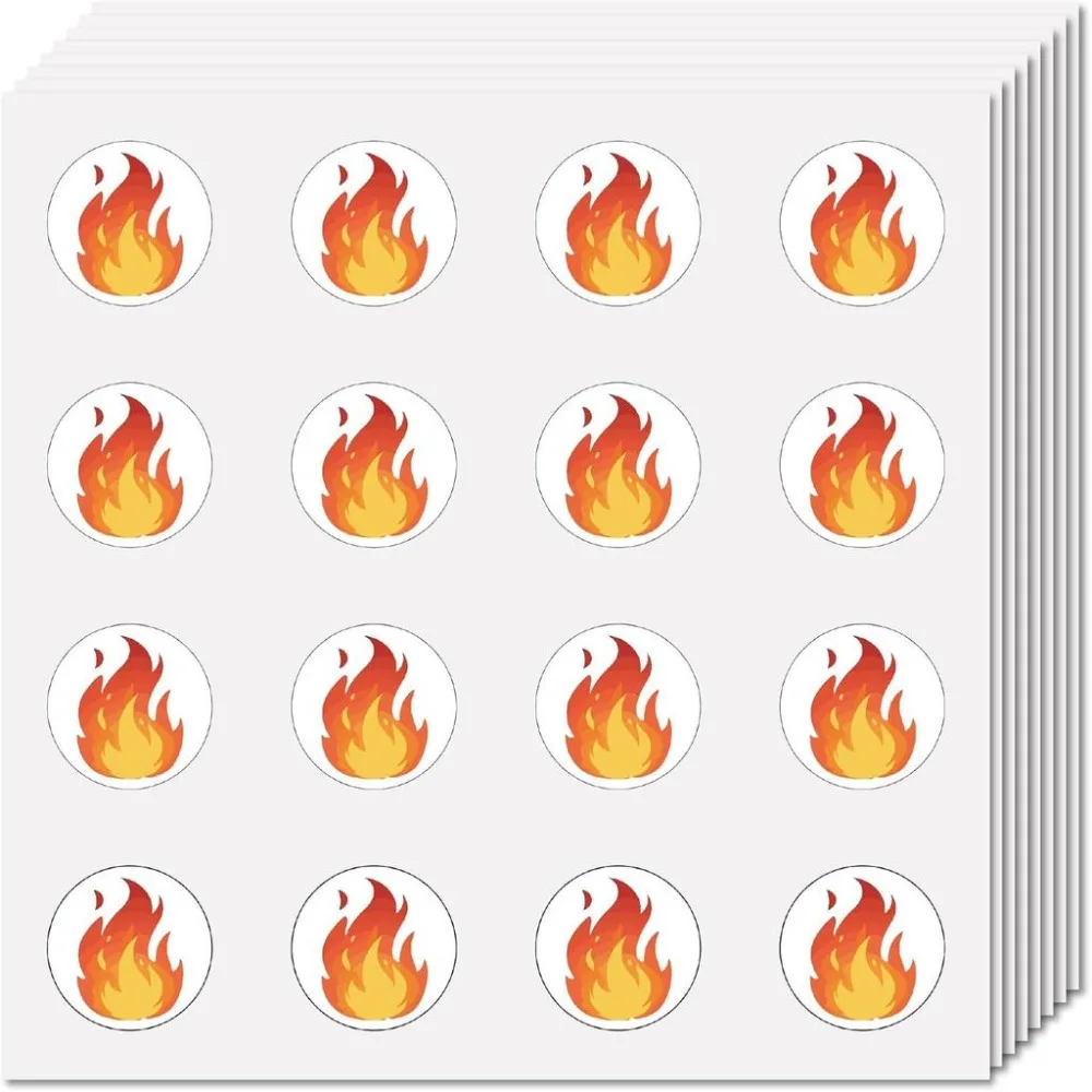 128Pcs 8 Sheets Fire Decals Small Flame Sticker 0.98 inch Self-Adhesive Waterproof Plastic Round Dot Cartoon Scrapbooking Labels