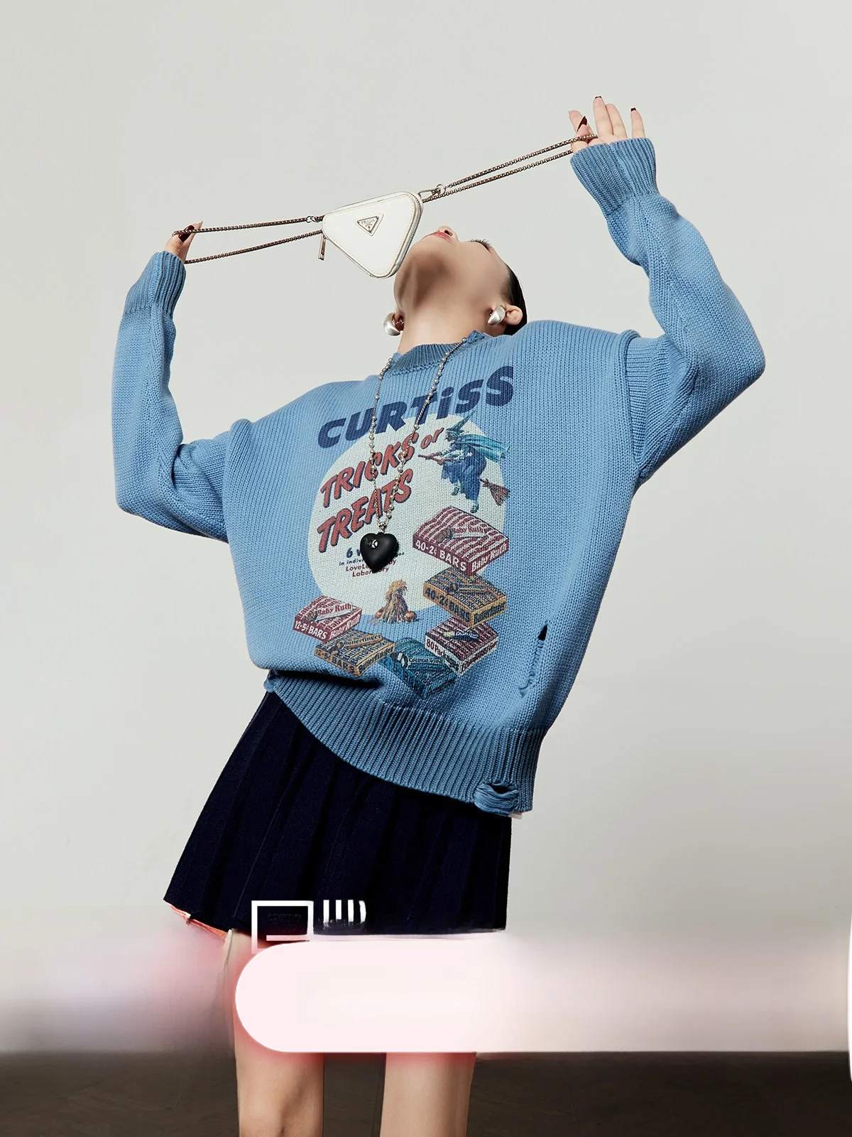 

Blue Casual Knitted Energy Bar Heart aped Sweater Women's Loose Fit Spring 2026 New Sle Briti Sle Long Sve Top