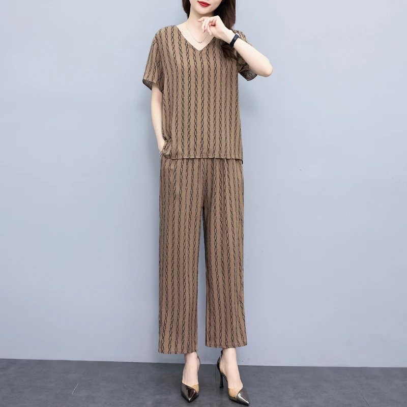 Summer Wide Leg Pant Sets Korean Style Elegant Two Piece Set Women Outfit 2023 New Casual Vintage Print Summer Woman Clothing