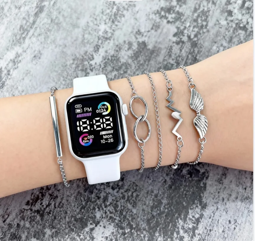 新しいカップル レディース レジャー ファッション 電子時計 発光腕時計 + シンプルな蝶のネックレス ブレスレット イヤリング リング