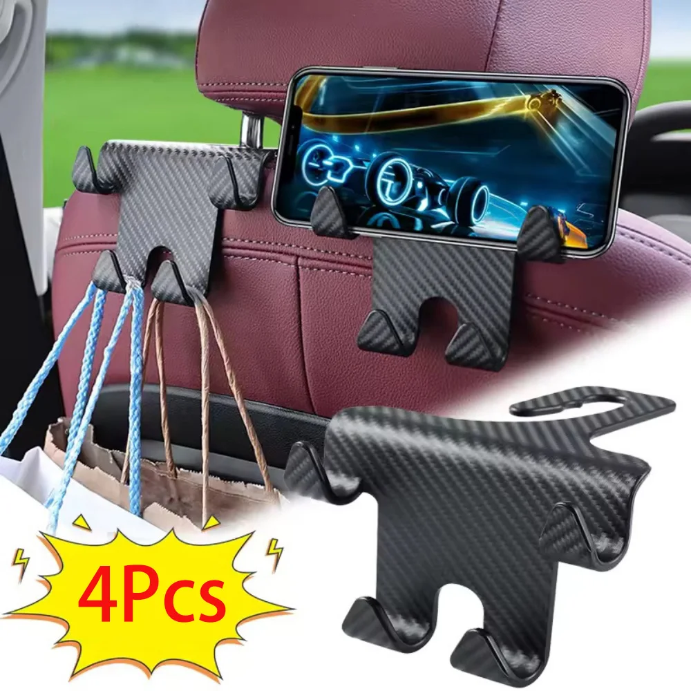 4Pcs Universal Carbon Fiber Car Seat Back Hooks Headrest Mobile Phone Purse Handbag Holder Car Back Seat Hook Interior