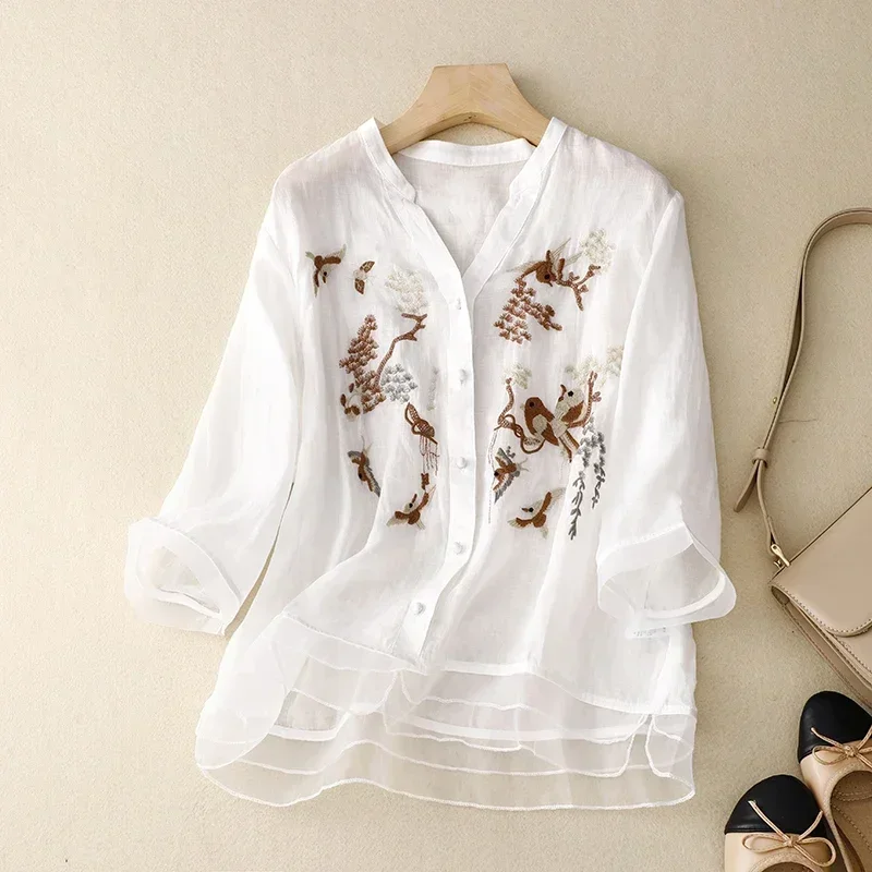 

Хлопково-льняные женские рубашки, новинка лета 2023, блузки в китайском стиле с вышивкой, свободные топы с короткими рукавами, винтажная одежда