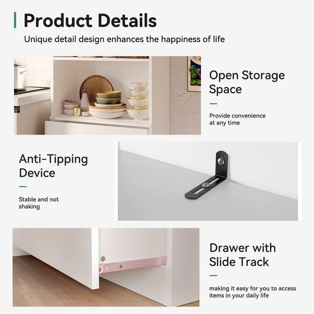 رف كتب أبيض مقاس 55.5 بوصة مكون من 5 طبقات مع 3 أدراج وأرفف مفتوحة من طبقتين وخزانة كتب طويلة للتخزين للمكتب المنزلي