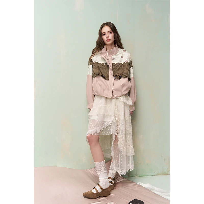 ELFSACK Damen-Jacke mit Patchwork-Blumendruck und Rüschen, kurze Bomberjacke, Streetwear, übergroßes, langärmliges, lässiges Frühlingstop