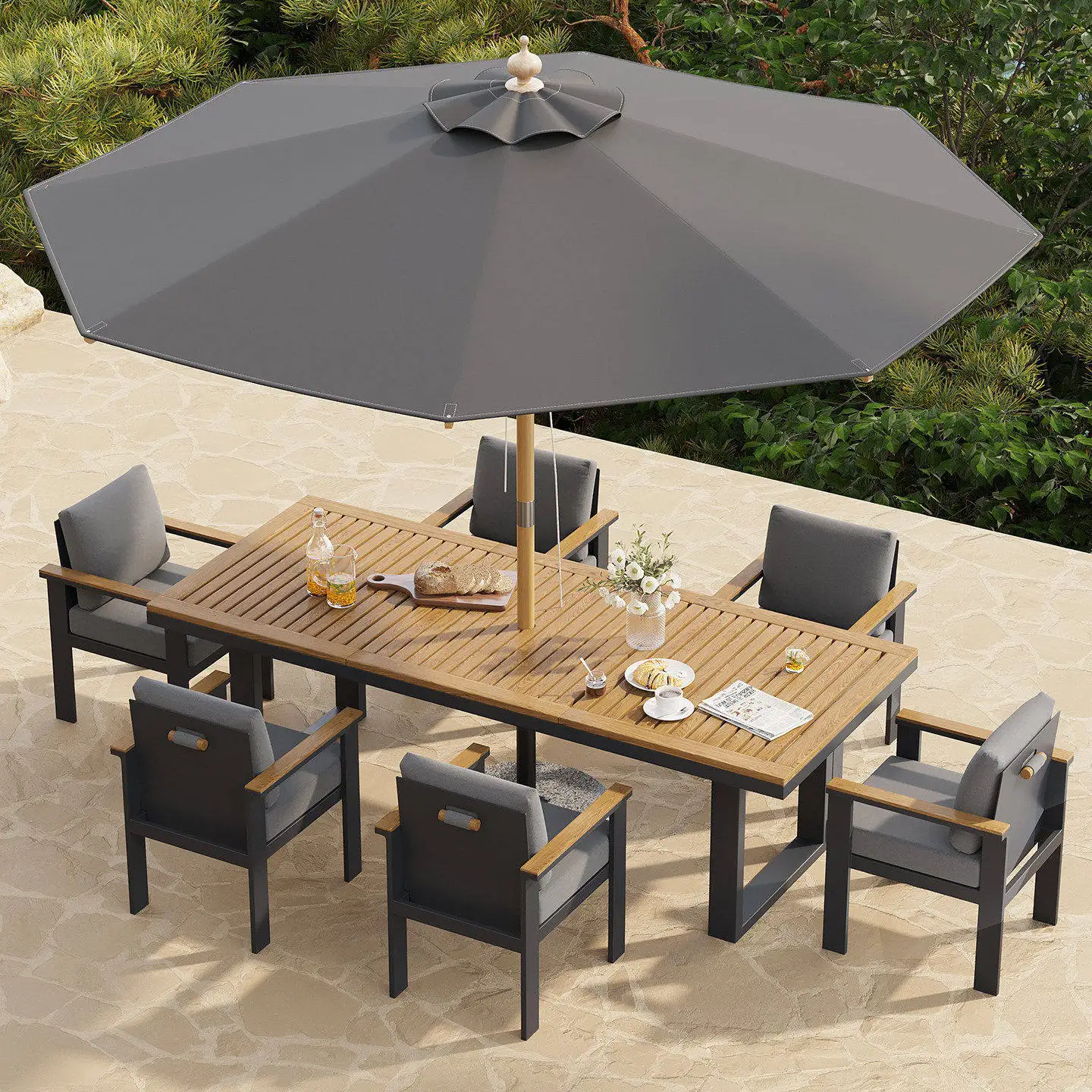 & Rainproof Sun Resistant Solid Wood Aluminum Alloy Outdoor Bar Table Stool Set Garden Courtyard Leisure Furniture