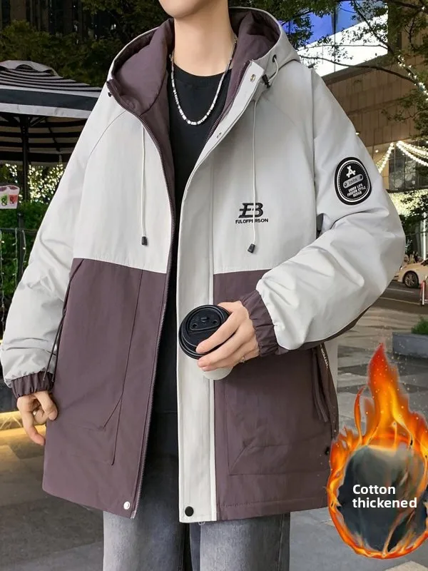 

Мужская зимняя теплая куртка с капюшоном в стиле кэжуал, с цветовыми блоками, для работы и повседневной носки, для подростков и студентов, из полиэстера, с длинными рукавами