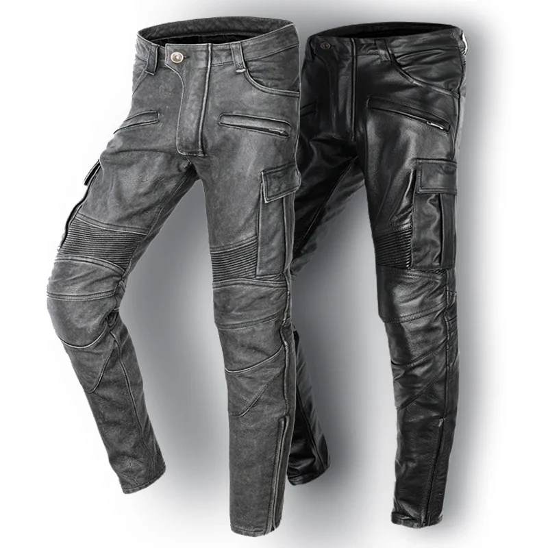 

Riding Windproof Retro Motorcycle Leather Pants Vintage Grey Black Leather Trousers Men Thick Natural Cowhide Men's Biker Pants