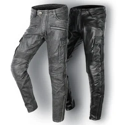 Riding Windproof Retro Motorcycle Leather Pants Vintage Grey Black Leather Trousers Men Thick Natural Cowhide Men's Biker Pants