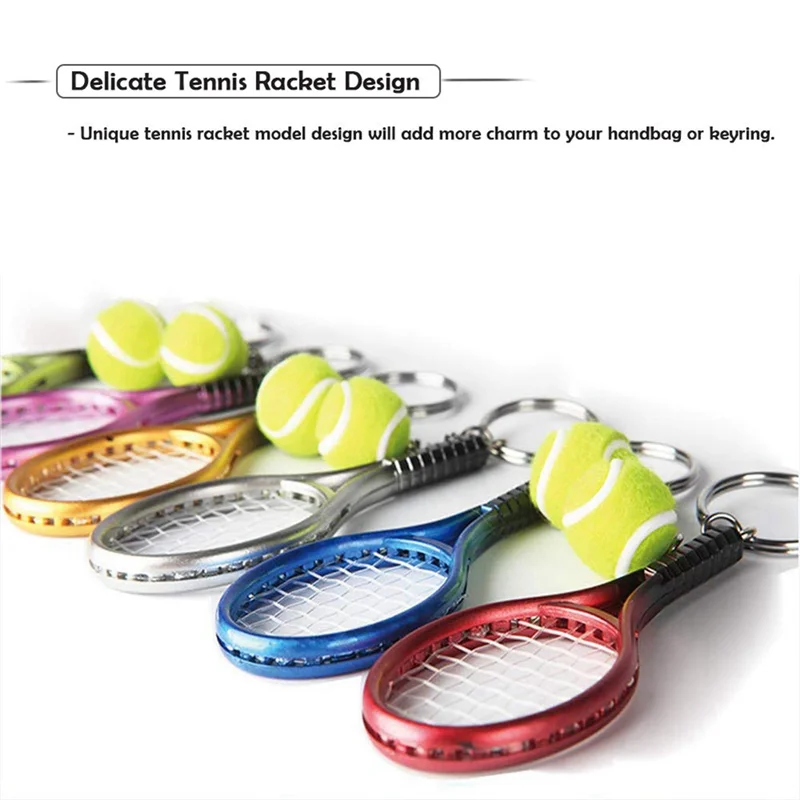 12Pcs Mini Tennis Racket Keychain Key Ring, Fashionable Tennis Ball Split Ring Keychain for Sport Lovers Team