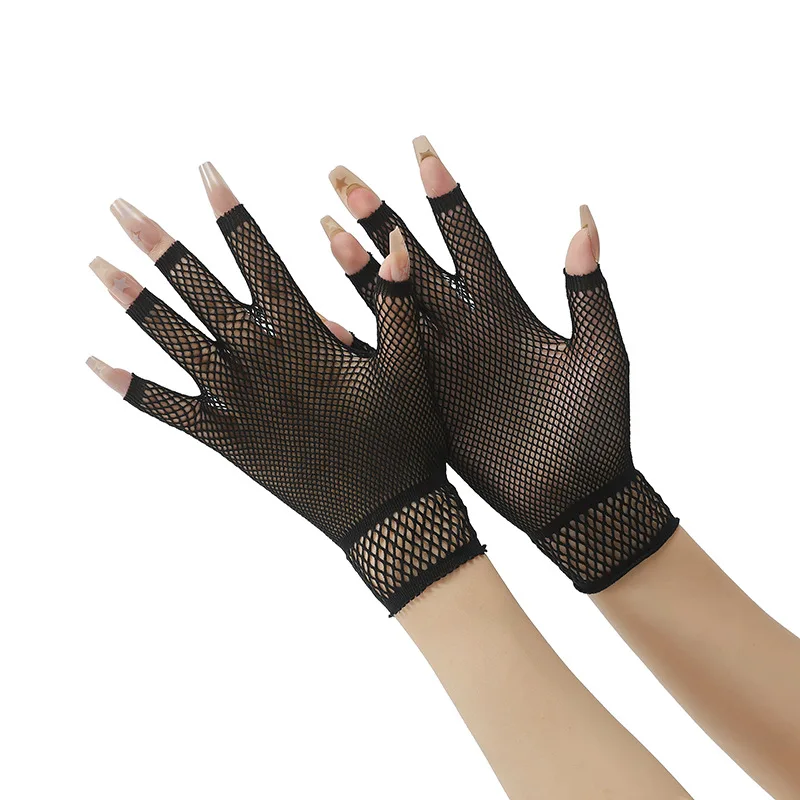 Fingerless Gloves Women Mesh Stretchy Short Sexy Party Halloween Costume Lightweight Adult Size Black Breathable Elastic Daily