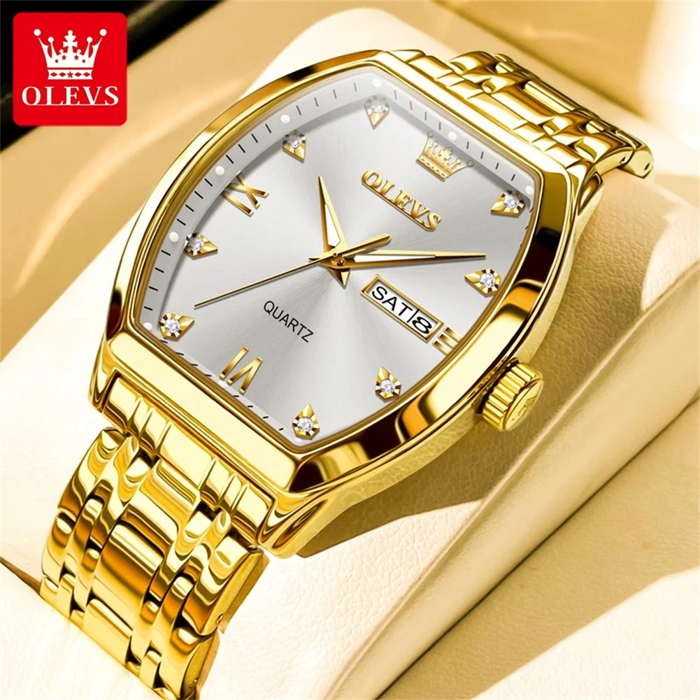 OLEVS Business Tonneau Dial Top Brand Luxury Stainless Steel Quartz Watch Men Date Clock Waterproof Wristwatch Relógio Masculino