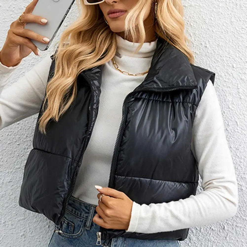 Cold-resistant Polyester Vest Stylish Women's Lightweight Padded Vests for Autumn Winter Stand Collar Sleeveless Gilets