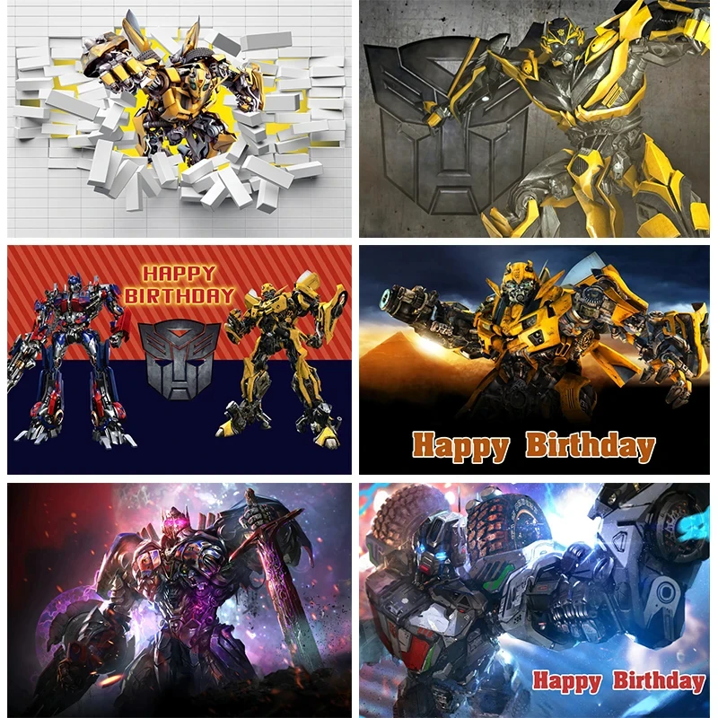 

Transformer Backdrop for Kids Birthday Photo Background Popular Movie Optimus Bumblebee Polyester Vinyl Decorate Props