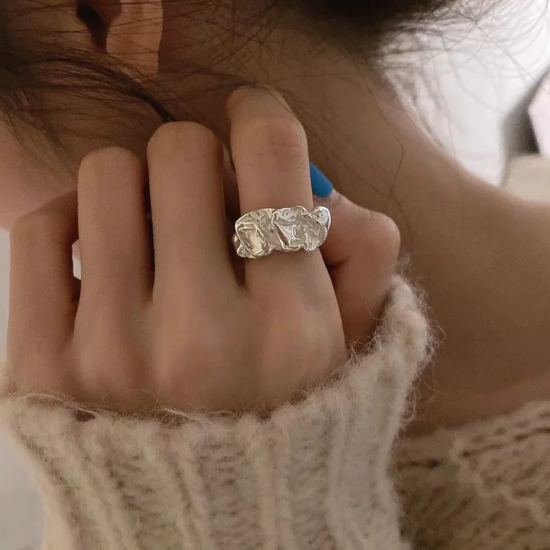 Crinkle Metal Asymmetric Ring Vintage Minimalist Y2K Dainty Stacking Statement Jewelry for Women