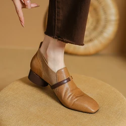 2025 Size 34-40 Women's Cow Leather Stretch Knit Patchwork Slip-on Pumps 4cm Thicm Med Heel Sqaure Toe Casual Female Dress Shoes
