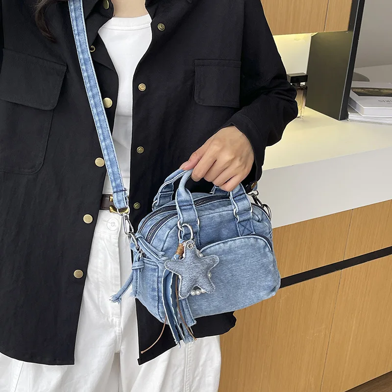 Denim multi-layered women's handbag with cute star pendant, small square bag, trendy for daily commuting, single shoulder bag