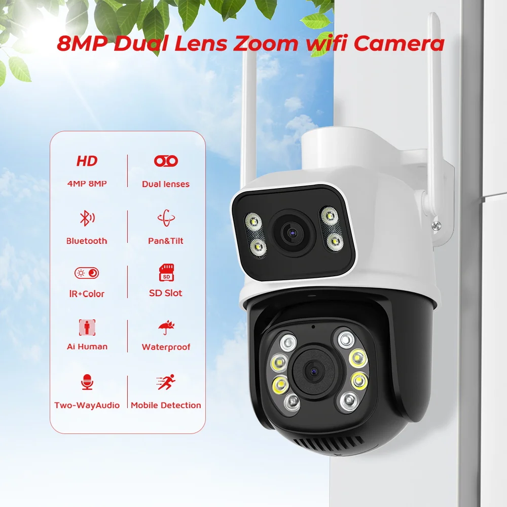 4K 8MP PTZ WIFI Camera Dual Lens Dual Screen IP Camera AI Human Detect Security Protection ONVIF Outdoor CCTV Surveillance ICSEE