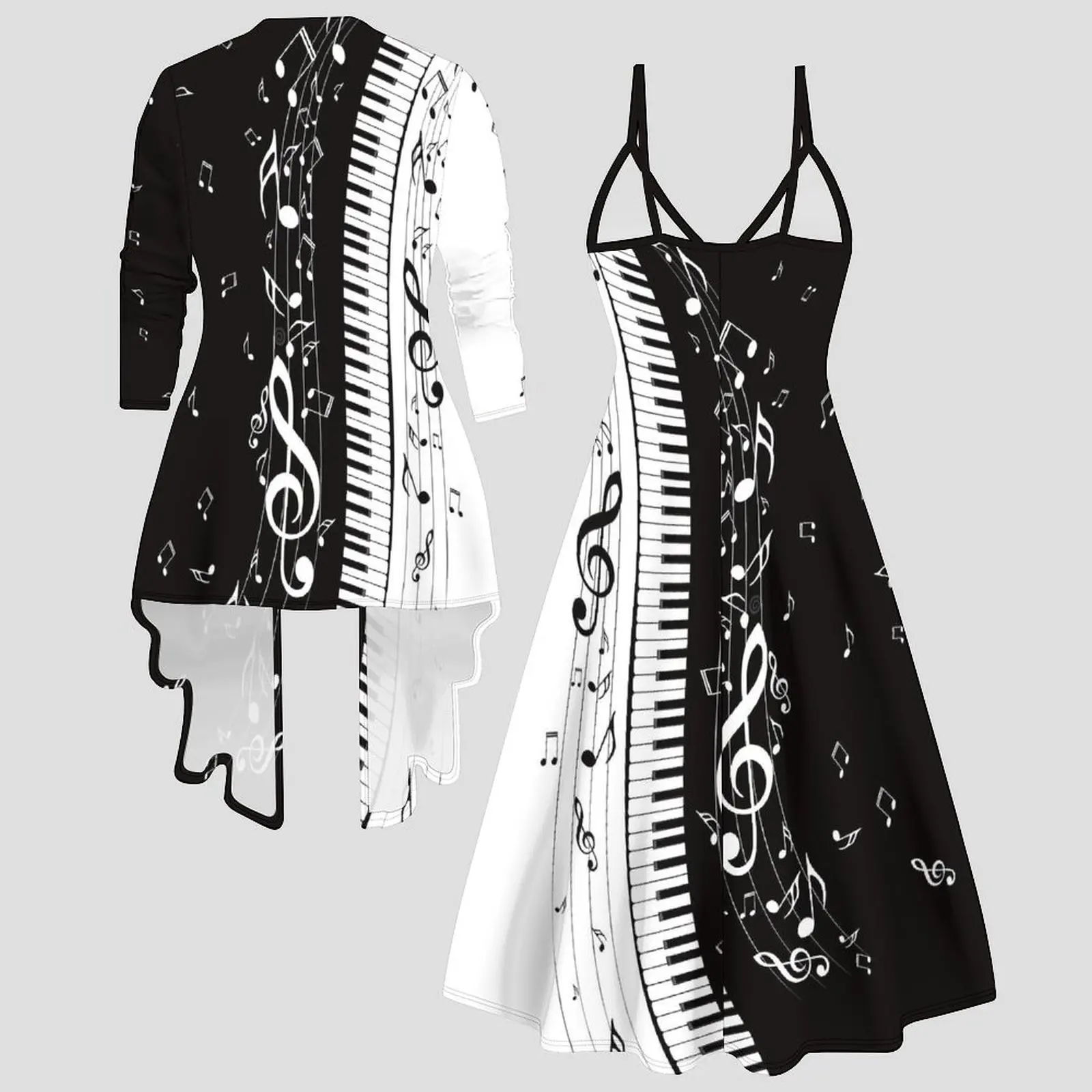 Fashion Print  Two Piece Set for Women V Neck Midi Dress 3/4 Sleeve Asymmetric Hem Open Front Cardigan Casual Holiday Outfit
