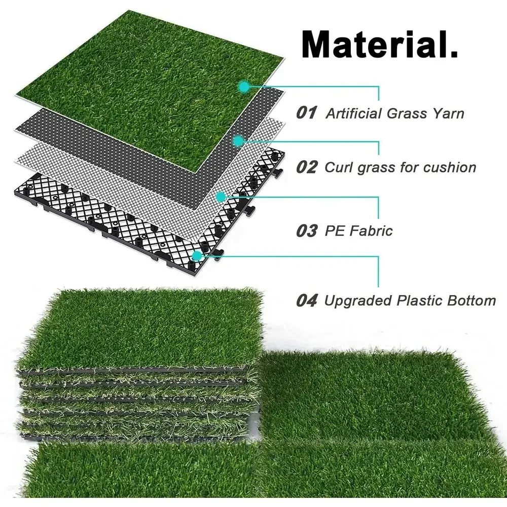 Interlocking Artificial Grass Tiles, 27 Pieces, 12x12 Inches, Drainage Mat, 1.2 Height, Lawn Rug for Indoor/Outdoor Use, Pet Pot