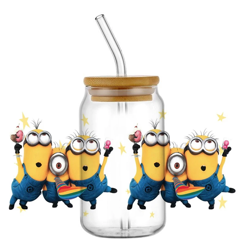 Miniso New 3D Minions Animated Cartoon Series For Libbey 16oz UV DTF Can Glass Waterproof Coffee Mug Can UVDTF Wrap Wholesale