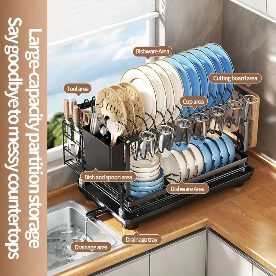 2-Tier Kitchen Dish Rack Metal, Countertop Dish Drying Stand with Knife Fork Cup & Cutting Board Holder, Rust-Proof Removable Drain Tray, Space Saving Kitchen Storage