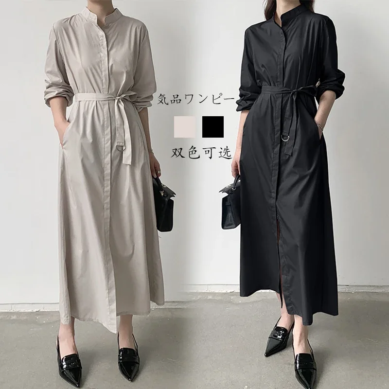 فساتين نسائية أنيقة بحزام قمصان طويلة على الطراز الكوري للربيع والصيف بأكمام طويلة فستان أسود كاكي موضة المكتب XY107