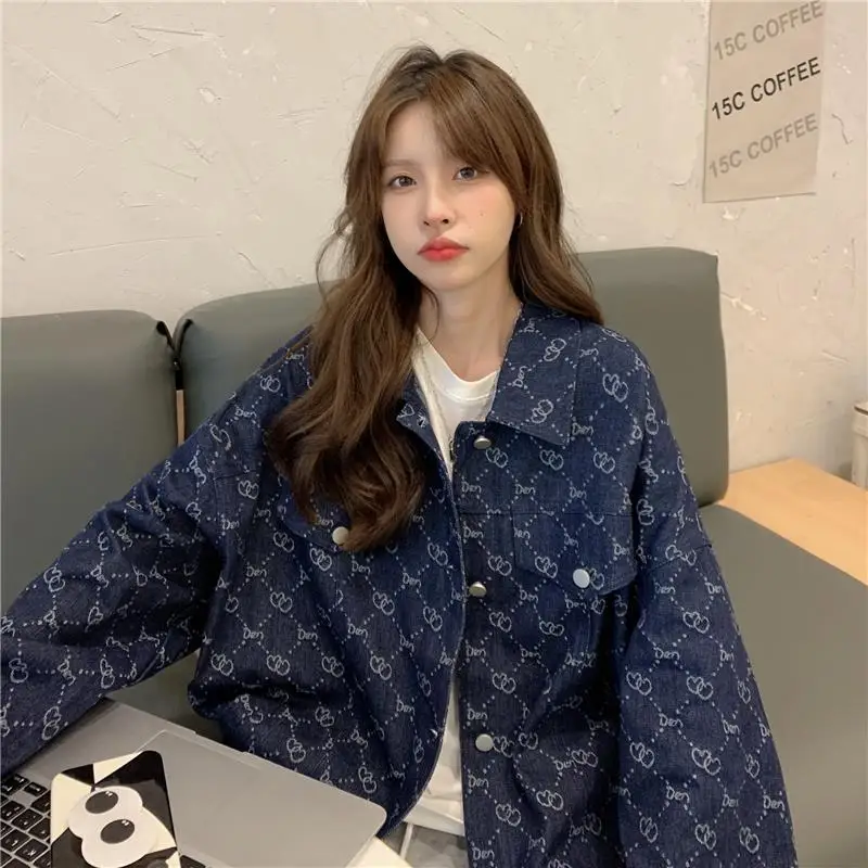 Luxury Brand High-end Denim Jackets Spring Autumn Cowboy Coat Women Vintage Print Long Sleeve Tops Streetwear Loose Design Trend
