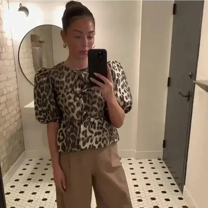 Leopard Print Shirt For Women Bow Lace Up O-neck Short Puff Sleeve Female T-shirt 2024 Summer Fashion All-match Street Lady Tops