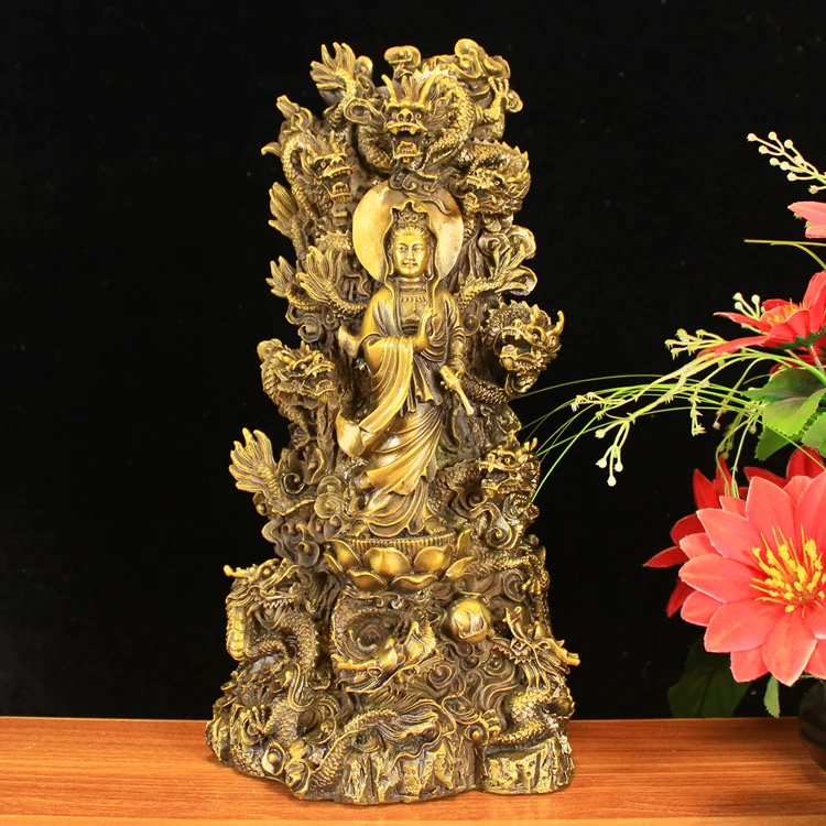 39CM Large home shop living room Good luck Auspicious  9 Dragons Guanyin Buddha Brass FENG SHUI Sculpture Ornament talisman
