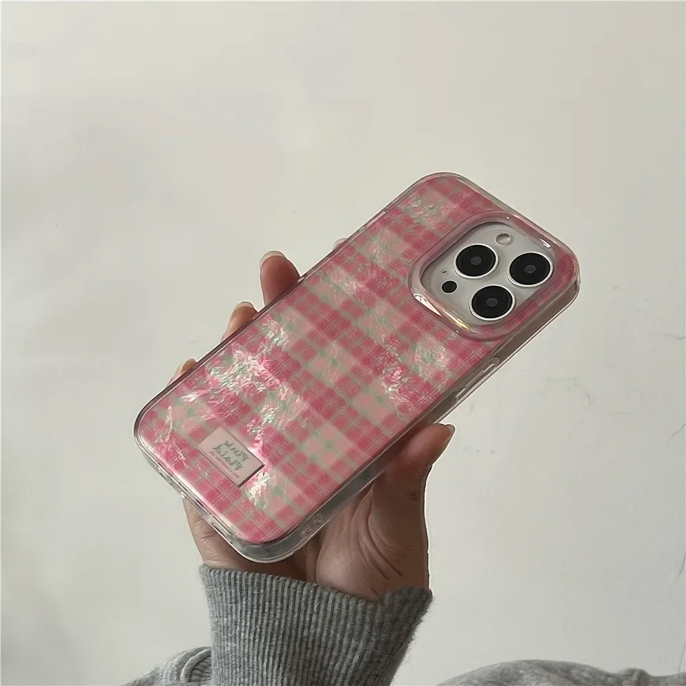 Cute Dopamine Color Block Match Plaid Clear Phone Case for iPhone 16 15 11 12 14 13 Pro Max XS XR X 7 8 Plus Pink Tartan Cover