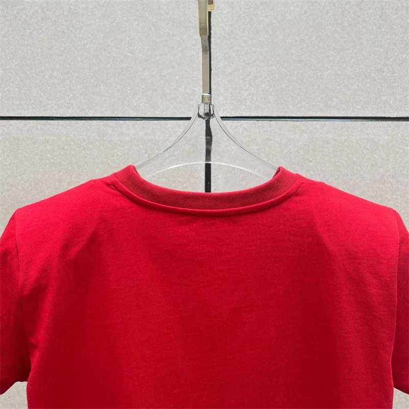 Camiseta para mujer, nueva camiseta de manga corta ajustada de punto elástico para verano 2025, jersey de algodón puro ahuecado bordado y2k