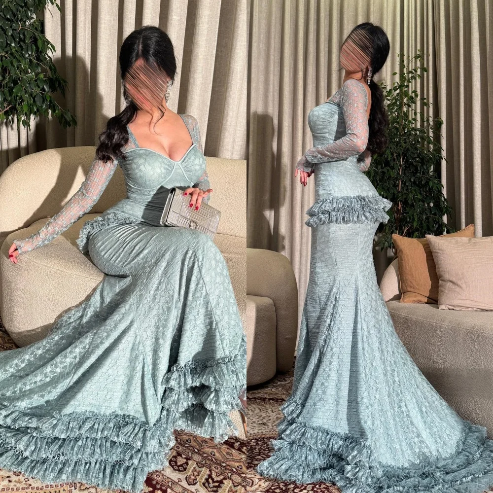 

Jiayigong High Quality Exquisite Lace Tiered Pleat Engagement Mermaid Square Neck Bespoke Occasion Gown Long DressesEvening