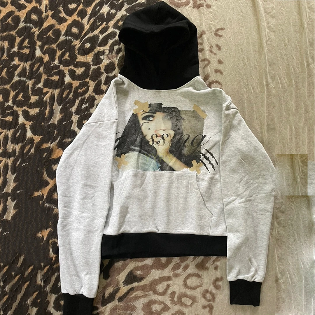 

Ins personalized portrait color blocked printed sweatshirt pullover hoodie retro jacket street y2k