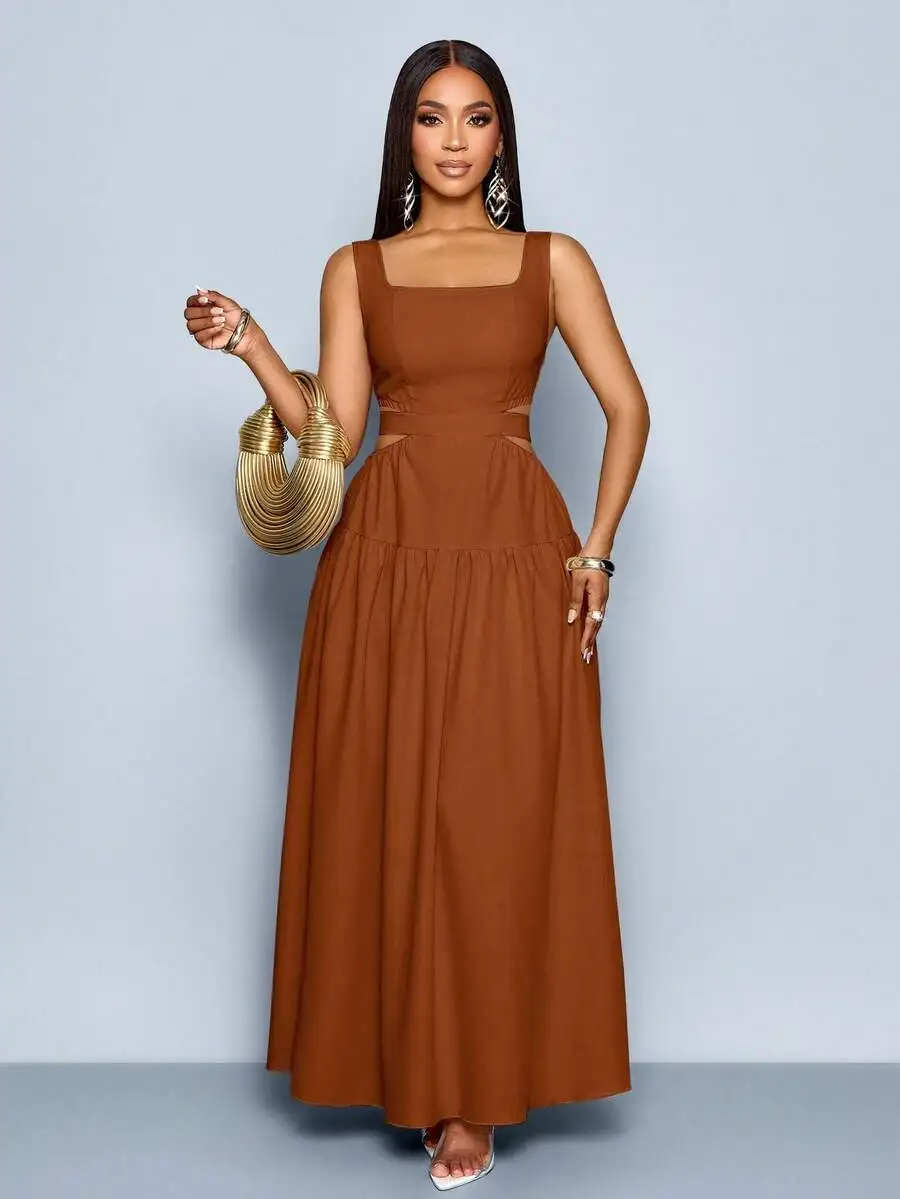 

Womens Square Neck Waist Cutout Pleated A-Line Maxi Dress For Summer Party