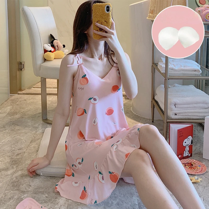 2024 New Pajamas with Chest Pad Women's Summer Korean Version Suspenders Nightdress Loose Girly Cute Fashion Comfortable Skirt